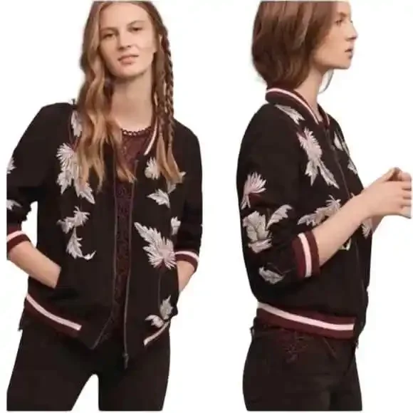 Anthropology Elevenses Solstice Embroidered Floral Bomber Jacket Size Small - Picture 1 of 15